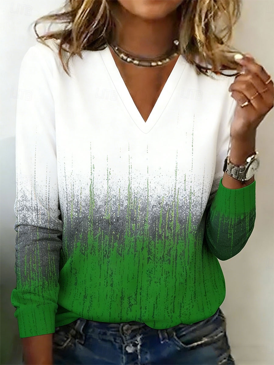 Per donna Maglietta Stampato Ombre Grafico Vintage Elegante Classico Manica Lunga Scollo a V Top Regolari Quotidiano Blu Giallo Rosa Viola Verde Primavera Autunno del 2026 a $22.99 –P2