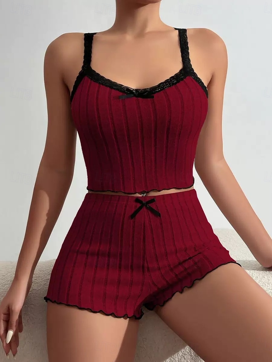 Femmes Ensemble Pyjama Occasionnel Confort Couleur Unie Dentelle Taille Élastique Shorts Quotidien Maison Sans manches Bretelles Bleu Blanche Rose Claire Vin Gris Été Printemps Coupe régulière de 2026 ? $14.99 –P7