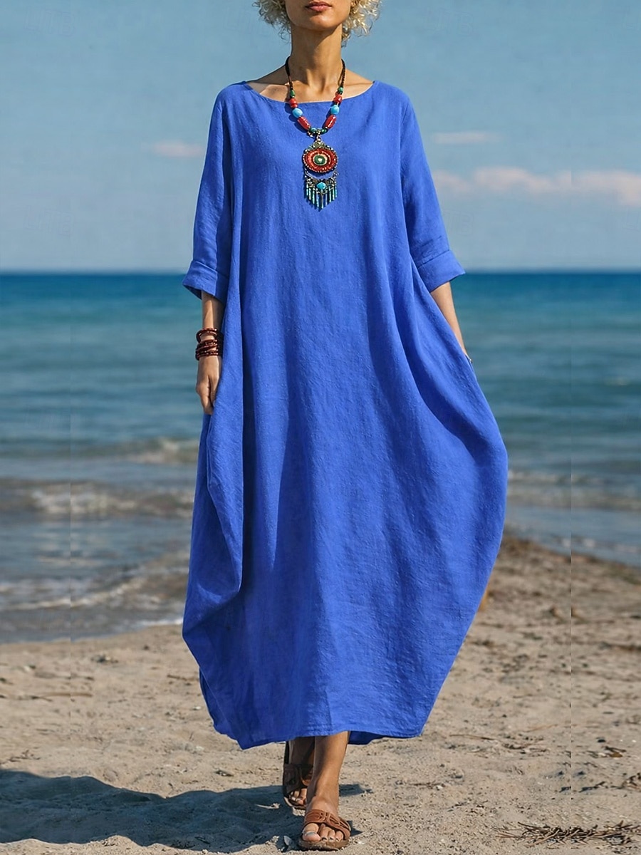 Women's Cotton Linen Maxi Dress Shift Dress Casual Daily Regular Fit Plain 3/4 Length Sleeve Crew Neck Blue White Red Dark Green Summer Spring Fall 2026 - $14.99 –P2