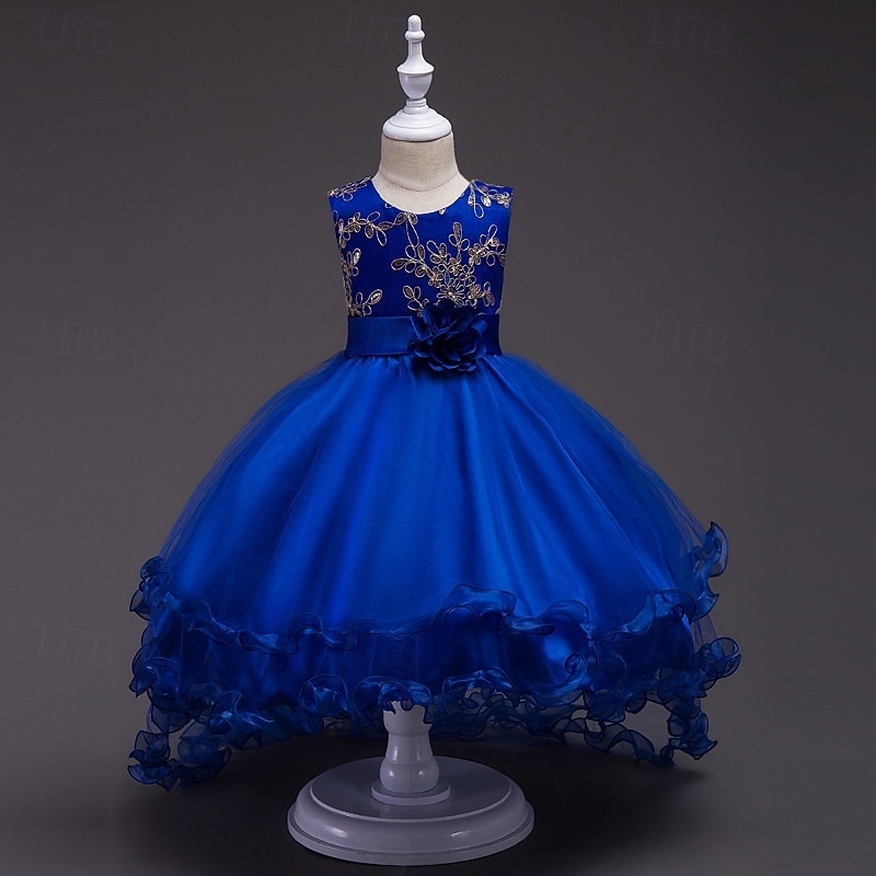 Robe de Demoiselle d'Honneur Fille Fille Robe de soirée Tenue de mariage Soirée Mariage Formel Élégant Mode Beau Maille Fleuri Sans manches Col Rond Gris bleu marine 4 ans et + de 2026 ? $29.99 –P2