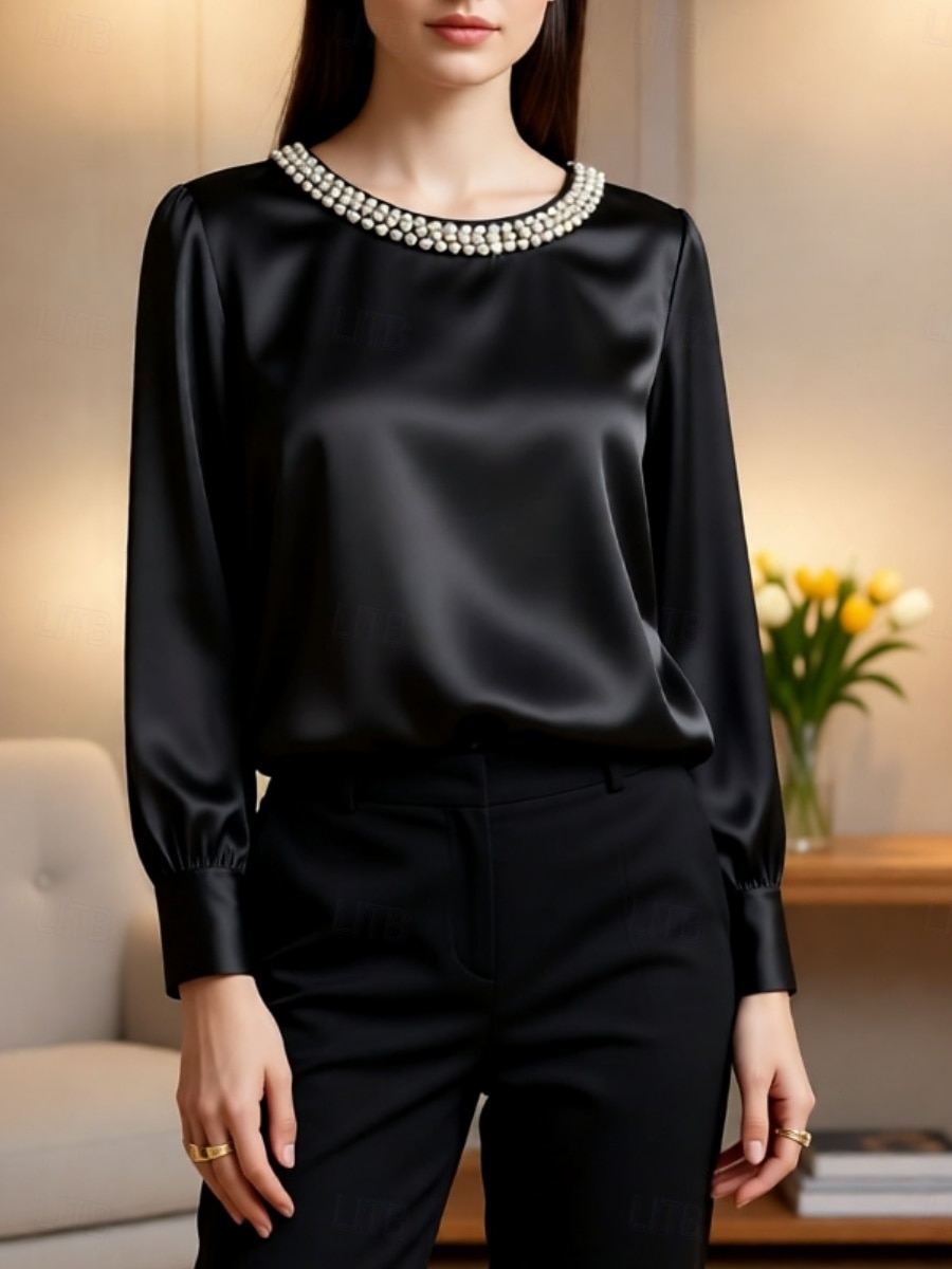Mulheres Blusa Com Miçangas Côr Sólida Elegante à moda Manga Longa Gola Redonda Tops regulares Diário Trabalho Preto Branco Verde Damasco Primavera Outono de 2026 por $27.99 –P2