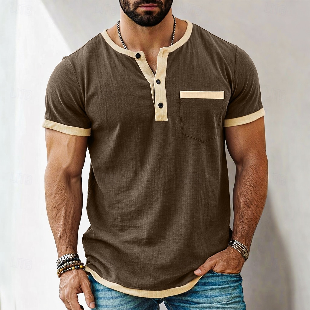 Heren T-shirt Henley-shirt T-shirts Shirt met korte mouwen Korte mouw Henley Zomer Lente Lente zomer Kleurenblok Effen Modieus Ontwerper Basic Zak Vakantie Straat Uitgaan Zwart Blauw Blozend Roze Top 2026 - $21.99 –P7
