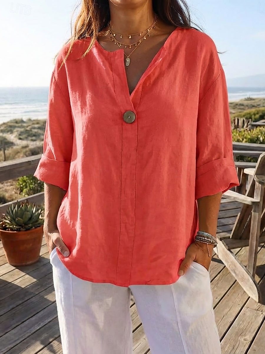 Women's Linen Shirts Blouse Patchwork Plain Stylish Modern Casual Long Sleeve V Neck Regular Tops Daily Holiday Going out Black White Navy Blue Orange Green Summer Spring 2026 - $23.99 –P2