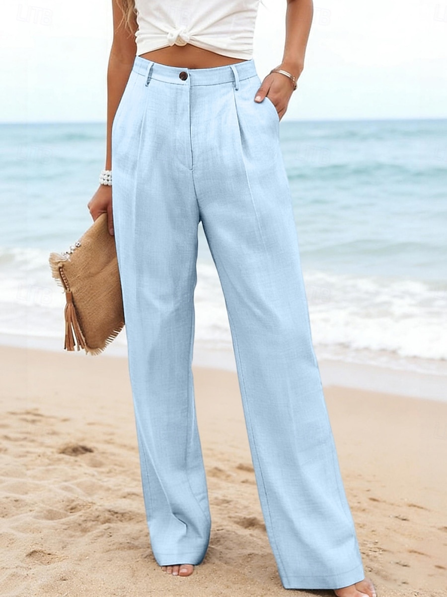 Damen Kunstbaumwollleinen Weites Bein Freizeithose Sommerhose Urlaub Streetwear Basic Volle Länge Mittlere Taillenlinie Einfach Tasche Atmungsaktivität Bequem Unelastisch Täglich Outdoor Urlaub Blau 2026 - $23.99 –P11