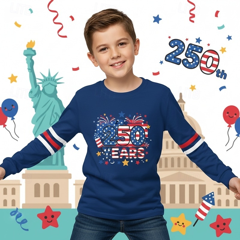 Chico 3D Graphic 250 aniversario Camiseta Manga Larga Impresión 3D Primavera Otoño Deportes Moda Ropa de calle Niños 4-12 años Cuello Barco Casual Diario Exterior Ajuste regular 2026 - $15.99 –P1