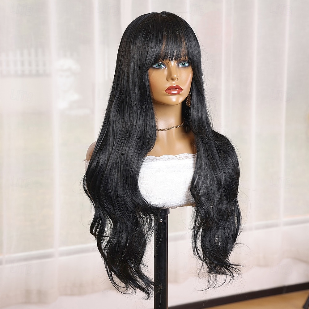 Synthetic Wig Curly Wavy Neat Bang Machine Made Wig 28 inch Natural Black #1B Synthetic Hair 28 inch Women's Black 2026 - $41.99 –P4