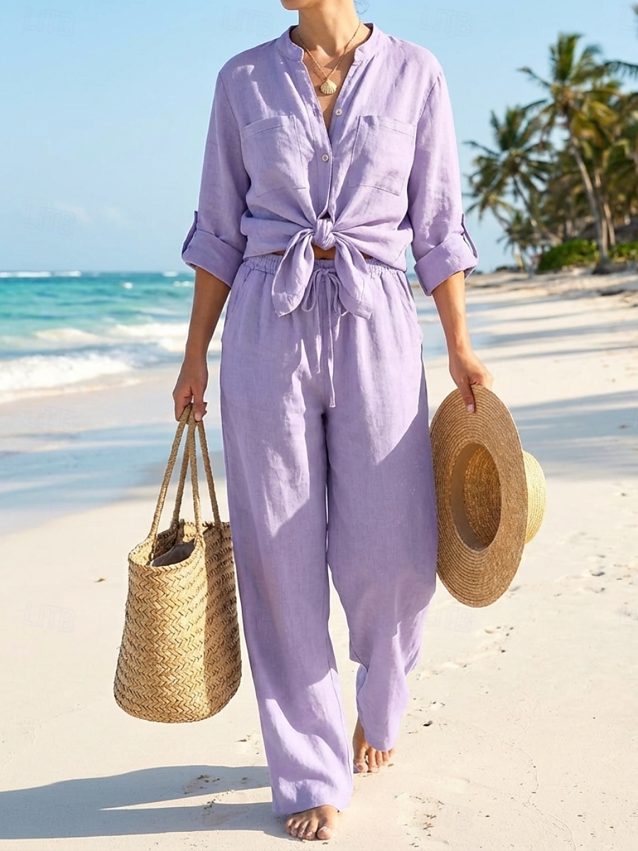 Damen Baumwoll-Leinen-Sets Hosen-Sets Bolero-Oberteil Langarm V Ausschnitt Einfach Kordelzug Mode Streetwear Täglich Outdoor Strand Schwarz Weiß Gelb Sommer Lässiger Schnitt 2026 - $33.99 –P3