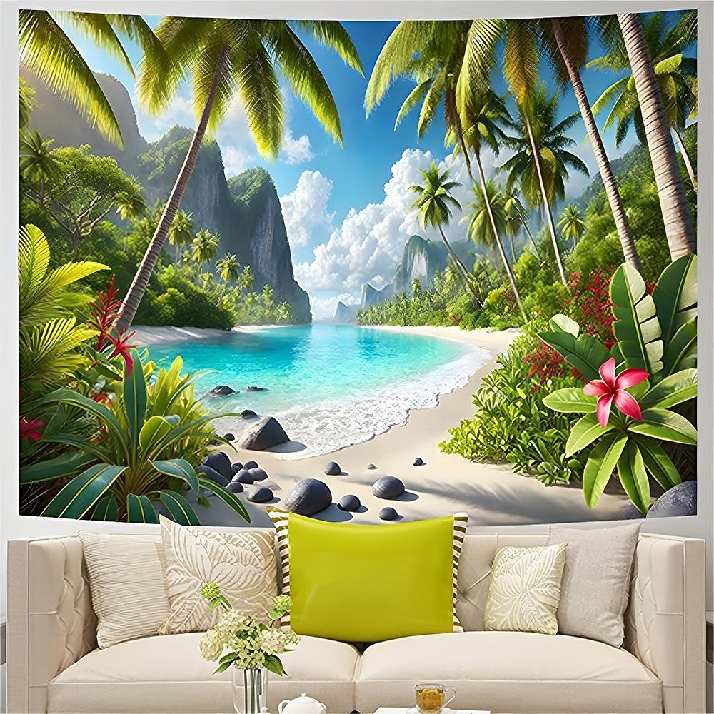 Tapiserie de plajă tropicală, palmier, ocean, agățat de perete, peisaj natural de coastă, nisip alb, insulă, peisaj, artă pentru living, dormitor, decor de casă 2026 - $20.99 –P1