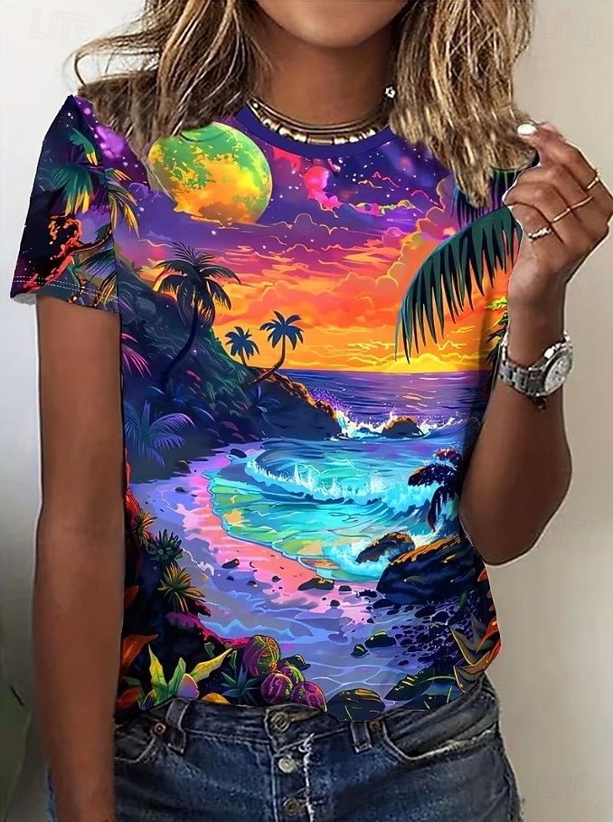 Dames T-shirt Afdrukken Grafisch Vintage Stijlvol Klassiek Korte mouw Strakke ronde hals Normale tops Dagelijks Weekend Donkergroen Paars Fuchsia Zomer Lente 2026 - $22.99 –P1