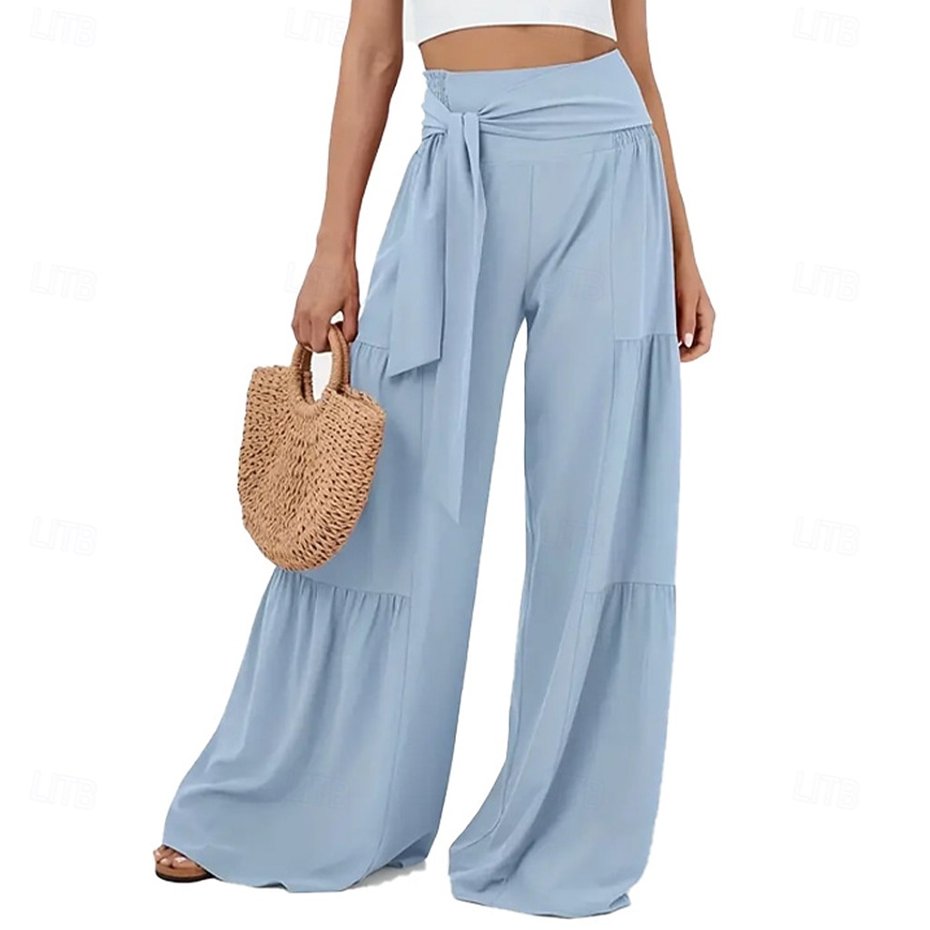 Dame Bukser Sommerbukser Strandbukser Ferie Mote Fritid hverdag Full lengde Middels midje Helfarge عادي Snorer Lapper Bred Bukseben Komfort Hurtigtørkende Myk Uelastisk Gateklær Strand Ferie Svart 2026 - $32.99 –P1