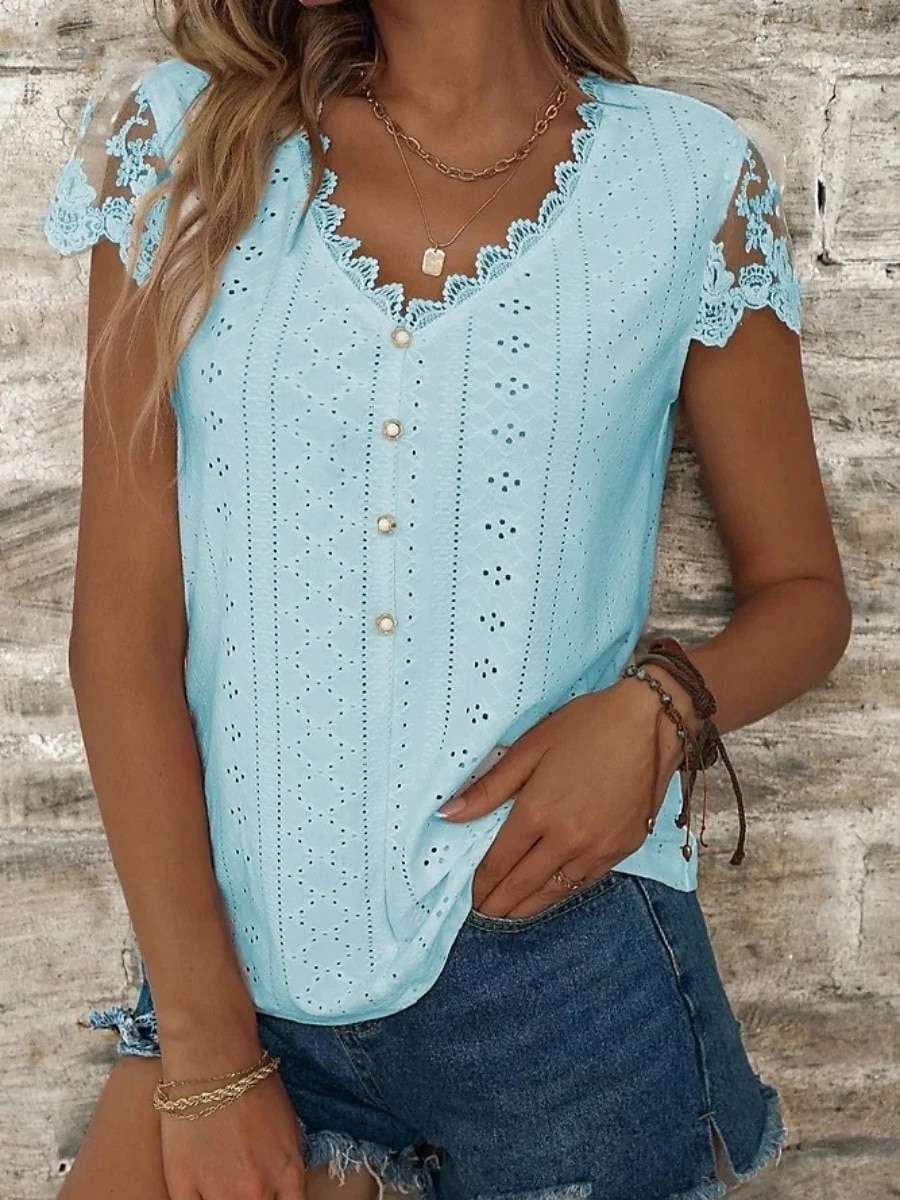 Women's Blouse Lace Eyelet Buttons Solid Color Stylish Basic Casual Short Sleeve V Neck Regular Tops Daily Blue Black White Light Green Pink Summer Spring 2026 - $21.99 –P6