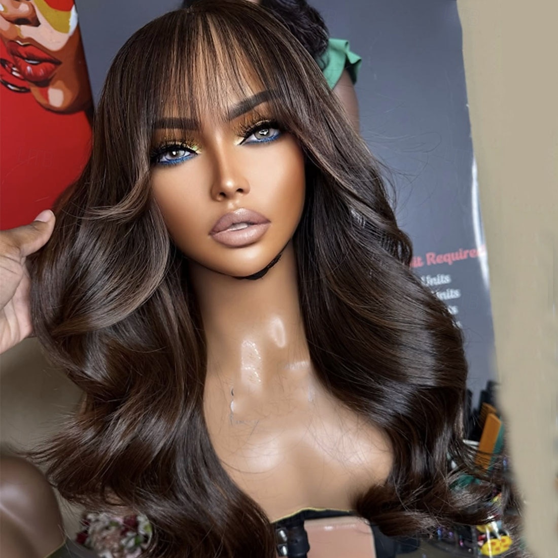 Capelli umani 5x5 Chiusura 13x4 Fronte in Pizzo Parrucca Riga Libera Con Frangia Capelli brasiliani Ondulato Marrone Scuro Parrucca 150% 180% Densità dei capelli con Capelli di Bambino Attaccatura del 2026 a $287.69 –P1