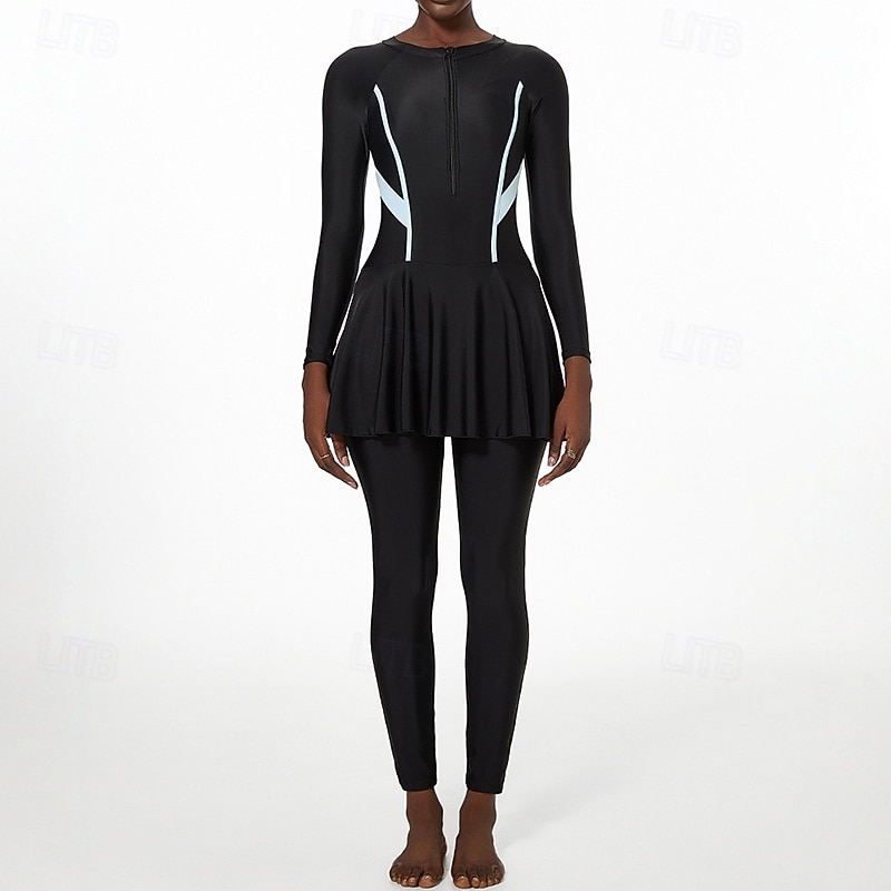 Mulheres Proteção solar de corpo inteiro Vestidos de Natação One Pieces Retalhos Zip Up Proteção UV Elástico Manga Longa Roupa de Banho roupa de banho Surfe Snorkeling Natação Primavera de 2026 por $30.99 –P2