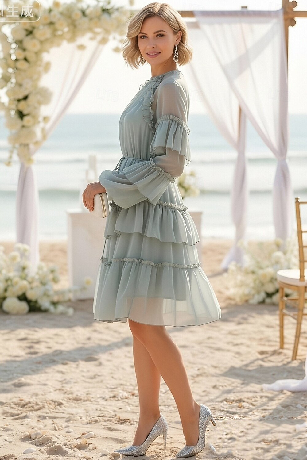 A-Line Knee Length Prom Dress Wedding Guest Dress Wedding Guest Dresses Elegant Daily Long Sleeve Crew Neck Prom Garden Party with Ruffles 2026 - $103.99 –P2