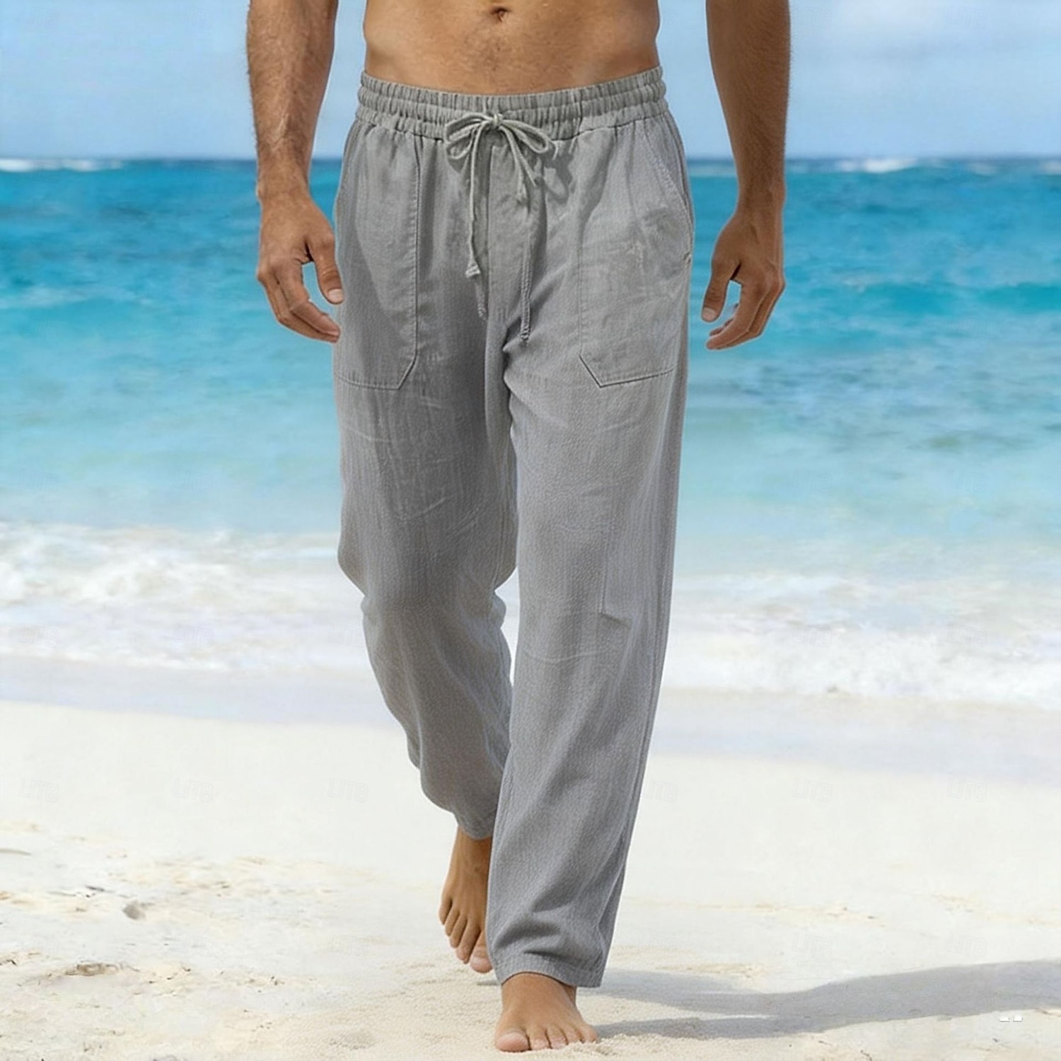 Homme Pantalons en Lin Pantalons Pantalon d'été Pantalons Amples Cordon de serrage Taille Élastique Jambe Droite Uni Confort Respirant Longueur complète Quotidien Plage Fête Vacances Mode Bleu Blanche de 2026 ? $11.49 –P7