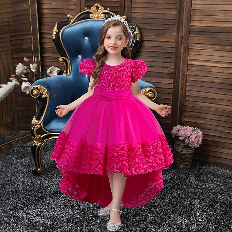 Flower Girl Dress Girls' Formal Dress Wedding Attire Party Wedding Formal Adorable Princess Sweet Patchwork Mesh Solid Color Short Sleeves Crew Neck Pink Red 4 years+ 2026 - $47.99 –P1