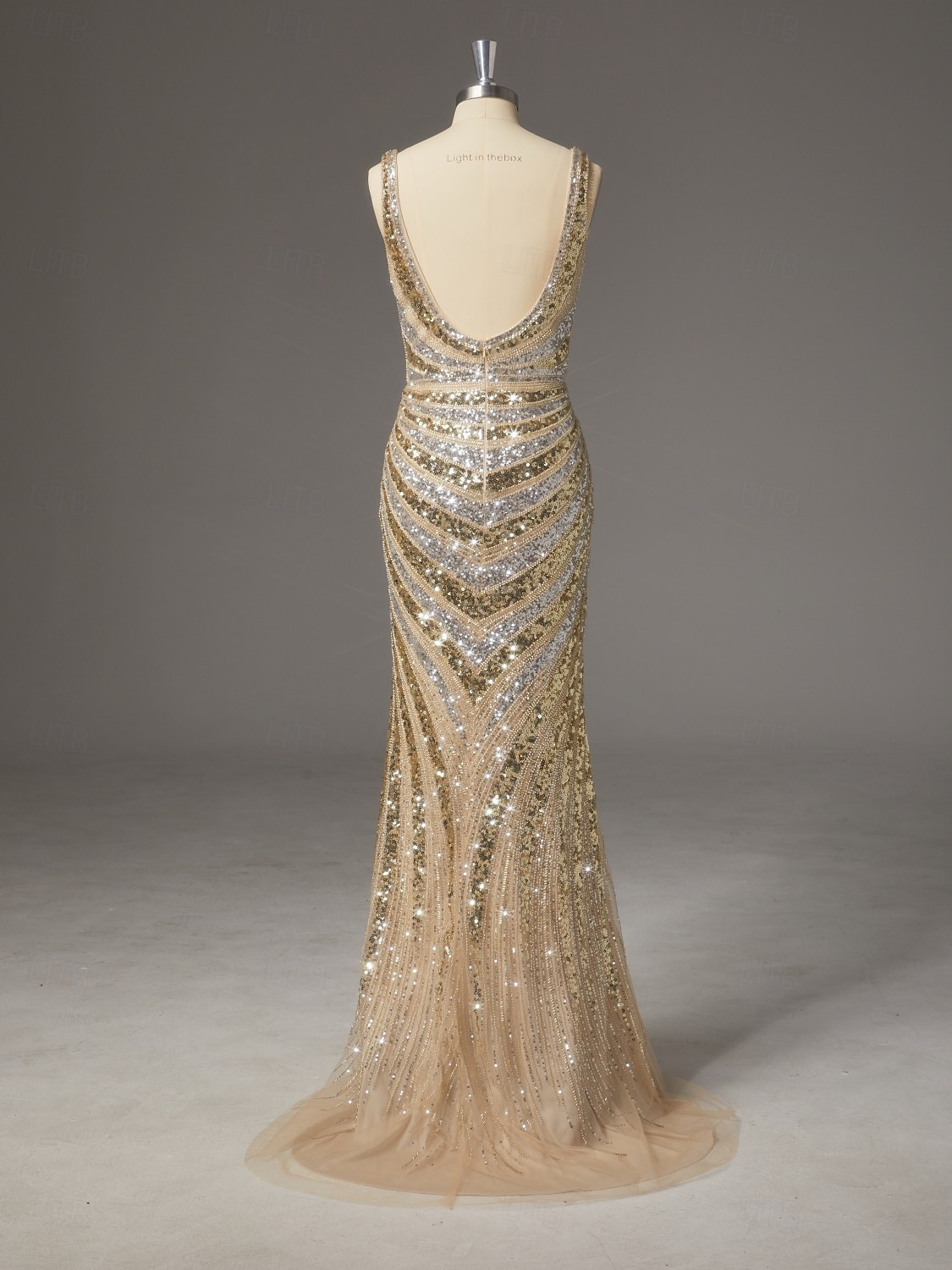 2026年 タイト／コラム スイープ／ブラシトレーン フロア丈 ウェディングゲストドレス フォーマルドレス イブニングガウン イブニングドレス エレガント きらびやかな セレブスタイル ノースリーブ Ｖネック パーティー 結婚式 バックレス ととも​​に グリッター素材 スパンコール スリット  コレクション – $241.99 –P5