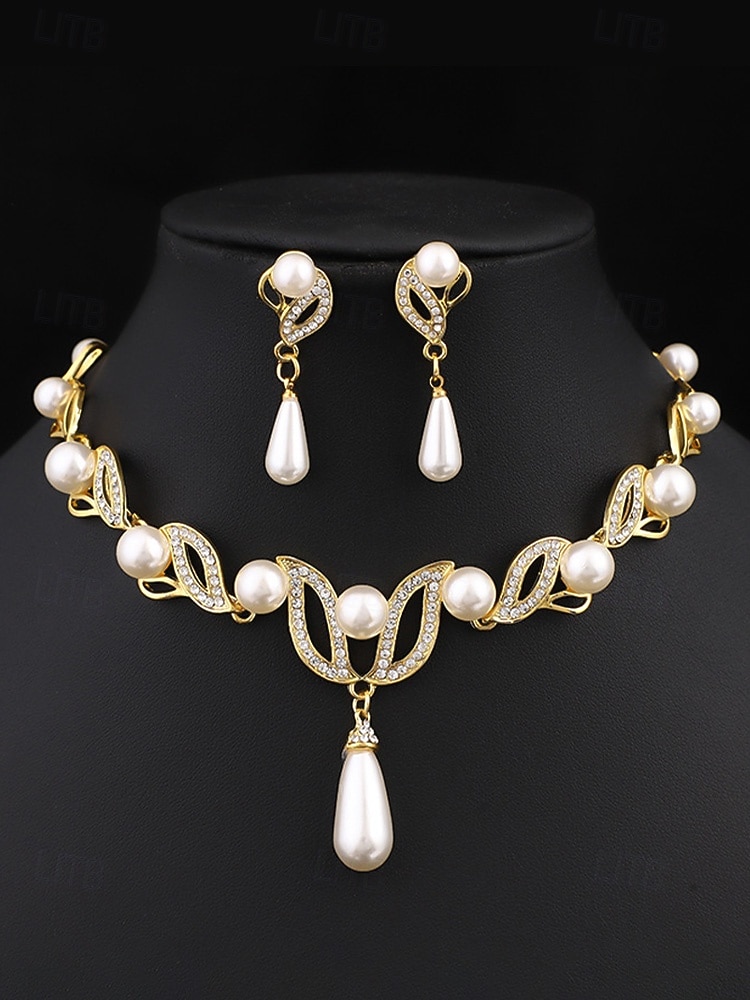 Elegantes Schmuckset aus Imitationsperlen für Damen, bestehend aus Halskette und Ohrringen in Gold- und Silberfarben mit Kristallakzenten, perfekt für Hochzeiten und festliche Anlässe. 2026 - $11.99 –P10