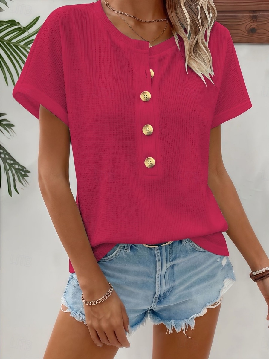 Women's T Shirt Tee Top Buttons Plain Fashion Stylish Classic Short Sleeve Crew Neck Regular Tops Daily Going out Weekend Blue Black Red Summer Spring 2026 - $24.99 –P7