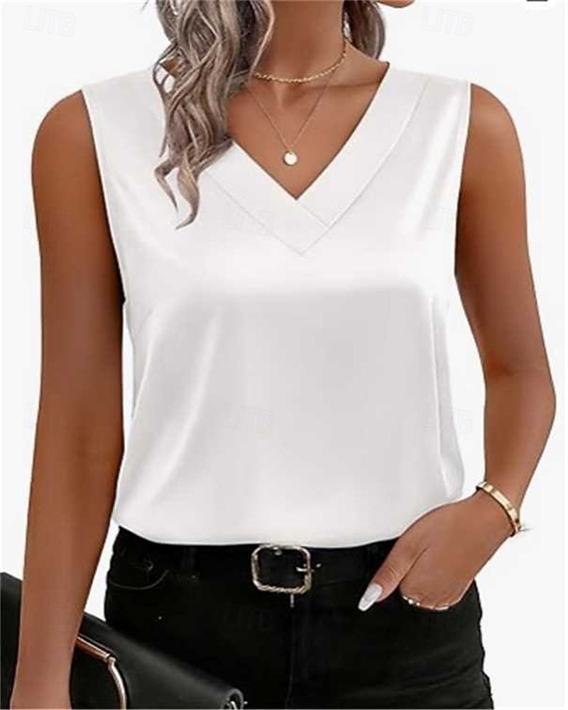 Damen Elegant Satin-Top T Shirt Seiden-Oberteile Patchwork Einfarbig Elegant Vintage Mode Ärmellos V Ausschnitt Normale Oberteile Täglich Ausgehen Wochenende Blau Silber Weiß Rote Purpur Sommer 2026 - $12.99 –P3