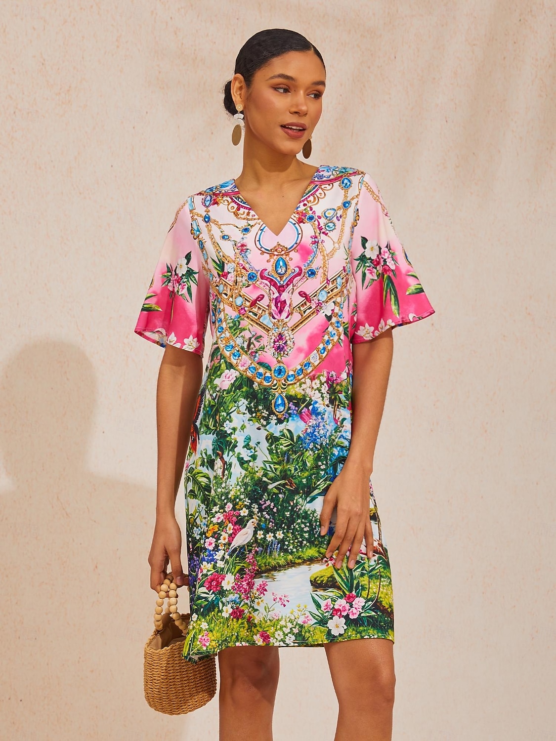 Ροζ μίνι φόρεμα μεταξωτό σατέν και διαμάντια σε ροζ απόχρωση jungle party 2026 - $79.99 –P7