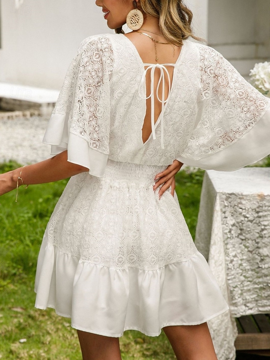 Women's Mini Dress A Line Dress Vacation Casual Outdoor Going out Regular Fit Solid Color 3/4 Length Sleeve V Neck Black White Pink Beige Summer Spring 2026 - €31.99 –P5