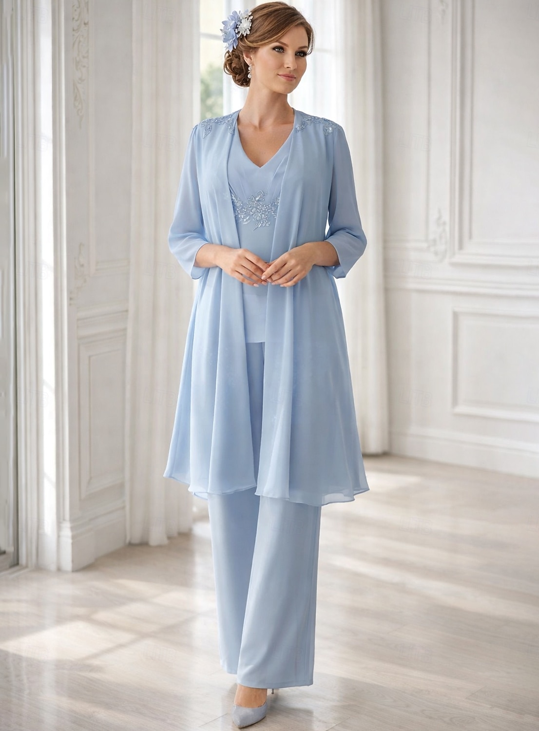 2026年 ドレスセット フロア丈 ブライドマザー ドレス 長袖 Vネック エレガント シンプル ウェディングゲスト ソリッドカラー付き  コレクション – AU $255.19 –P1