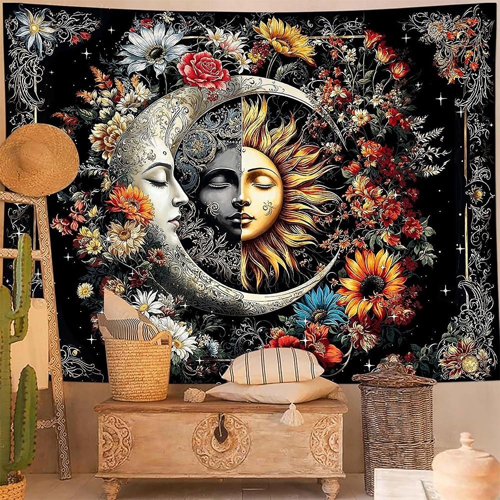 Gobelín slunce a měsíc na zeď, nebeské květiny, slunečnice, růže, boho hippie nástěnné umění do ložnice, obývacího pokoje, jógy, meditační dekorace 2026 - $19.99 –P1