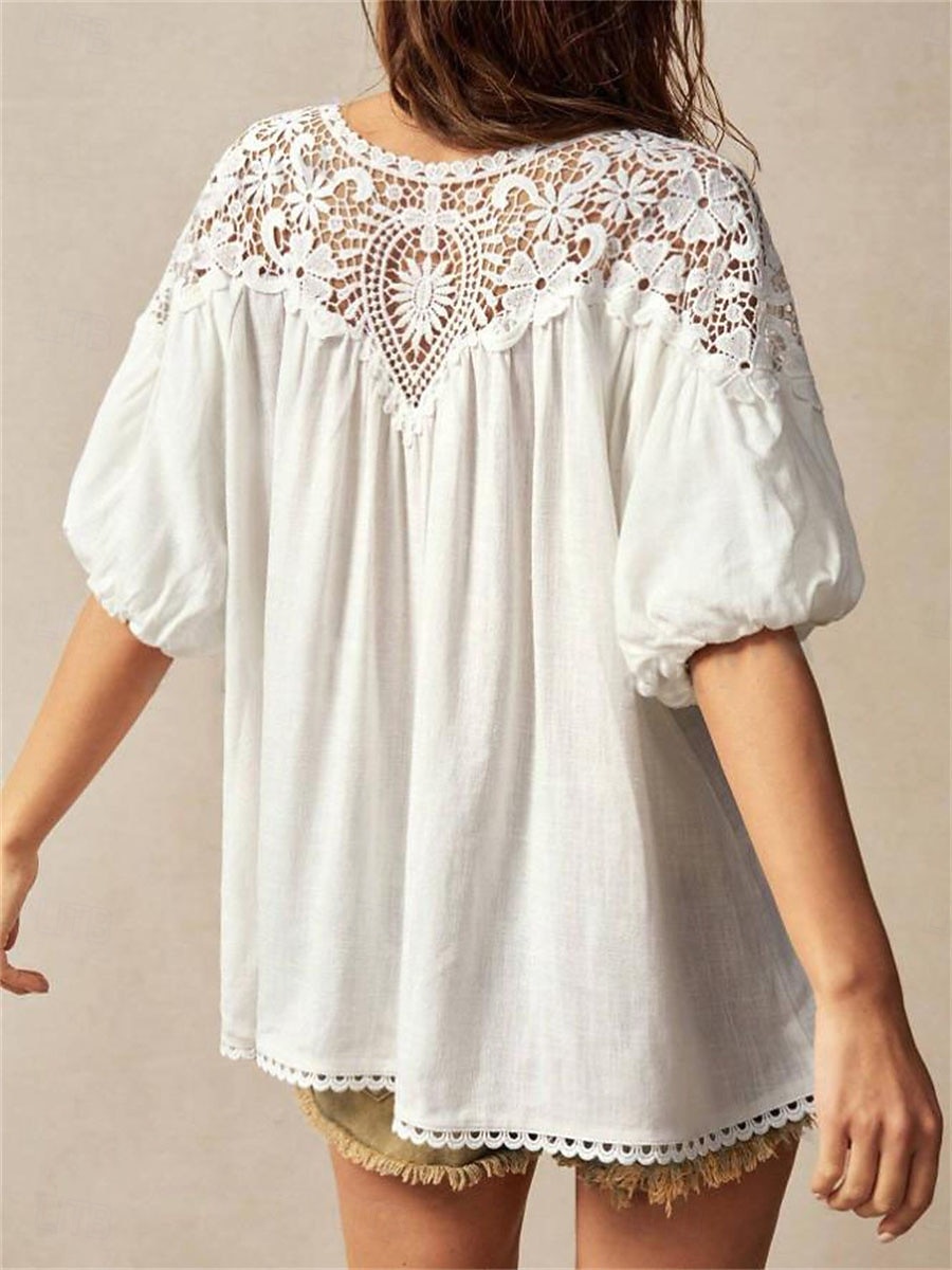 Mujer Tops de verano Blusa Tops de encaje Frunce Encaje Retazos Plano Elegante Tropical damas Manga Corta Manga de la linterna Cuello Barco Tops regulares Diario Trabajo Festivos Blanco Amarillo Rojo 2026 - $32.99 –P2