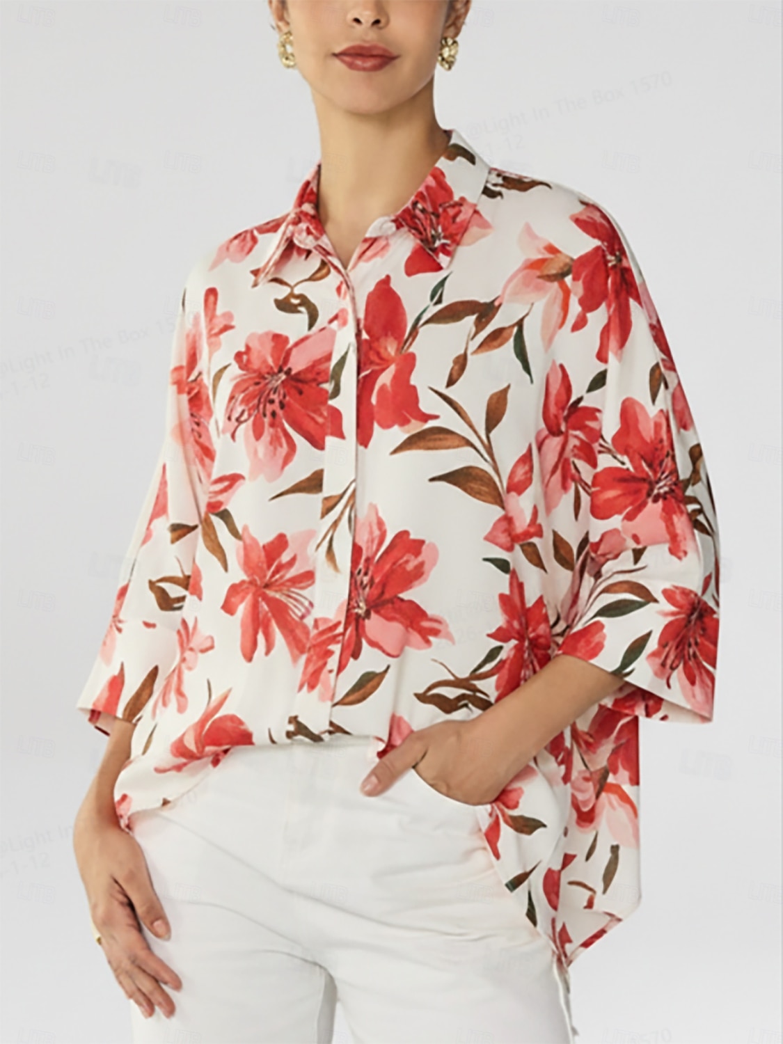 camicetta asimmetrica con maniche dolman in chiffon fluido con fiori primaverili del 2026 a $67.99 –P1