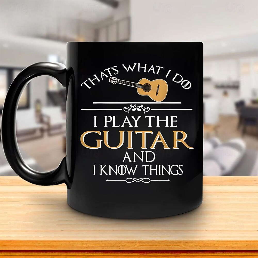 hauska lahjamuki, sitä minä teen, soitan kitaraa ja tiedän asioita, musta keraaminen kahvimuki, humoristinen musiikin ystävän kuppi, lahja kitaristeille, muusikoille, bändin jäsenille ja rock-faneille 2026 - $16.99 –P2