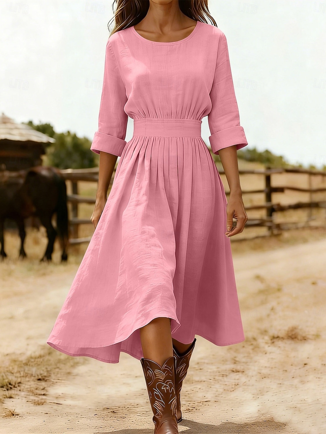 2026年 女性用 ミディドレス A ラインドレス 旅行度假风 カジュアル レギュラー 平織り 七分袖 クルーネック ブルー ブラック ピンク ネイビーブルー 夏 春 秋  コレクション – $33.99 –P2