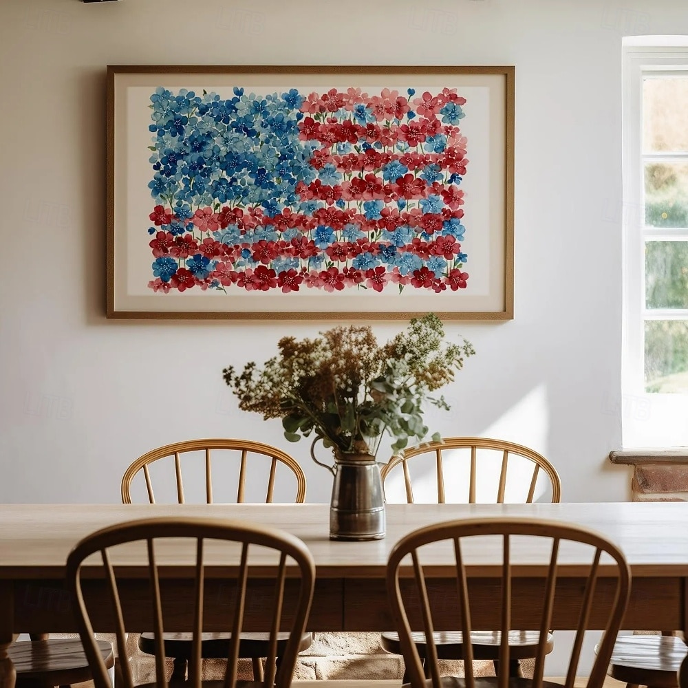 Impresión rústica floral de la bandera estadounidense - arte de pared patriótico en acuarela decoración de granja Cottagecore pintura botánica festiva 2026 - $12.99 –P3
