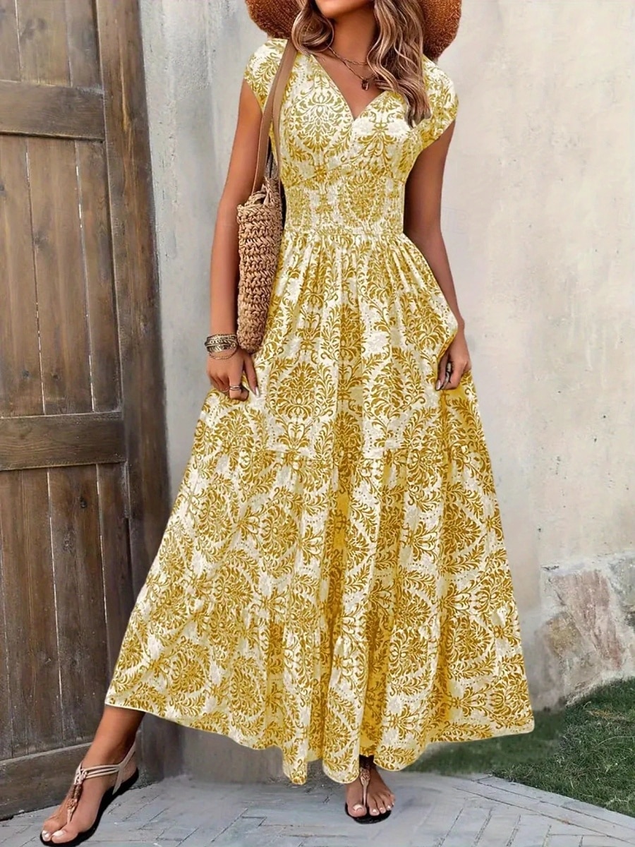 Per donna Abito lungo maxi Abito Lungo Maxi Abito Abito da Spiaggia Abito Floreale Abito Boho Elegante Moda Moderno Quotidiano All'aperto Vacanza Vestibilità regolare Floreale Manica Corta Scollo a V del 2026 a $22.99 –P14