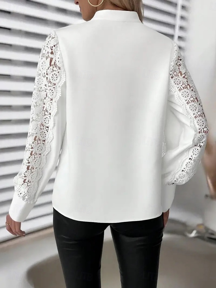 Per donna Camicia Blusa Top in pizzo Pizzo Semplice Elegante Essenziale Classico Manica Lunga Scollo a V Top Regolari Quotidiano Ferie Uscire Bianco Estate Primavera del 2026 a $27.99 –P2