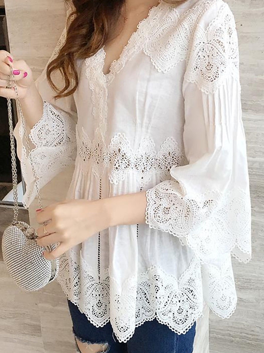 Damen Bluse Elegante Oberteile Spitzentops Gerafft Spitze Rüsche Einfach Elegant Damen Klassisch Langarm V Ausschnitt Lange Oberteile Täglich Arbeit Ferien Weiß Sommer Frühling 2026 - $38.99 –P3