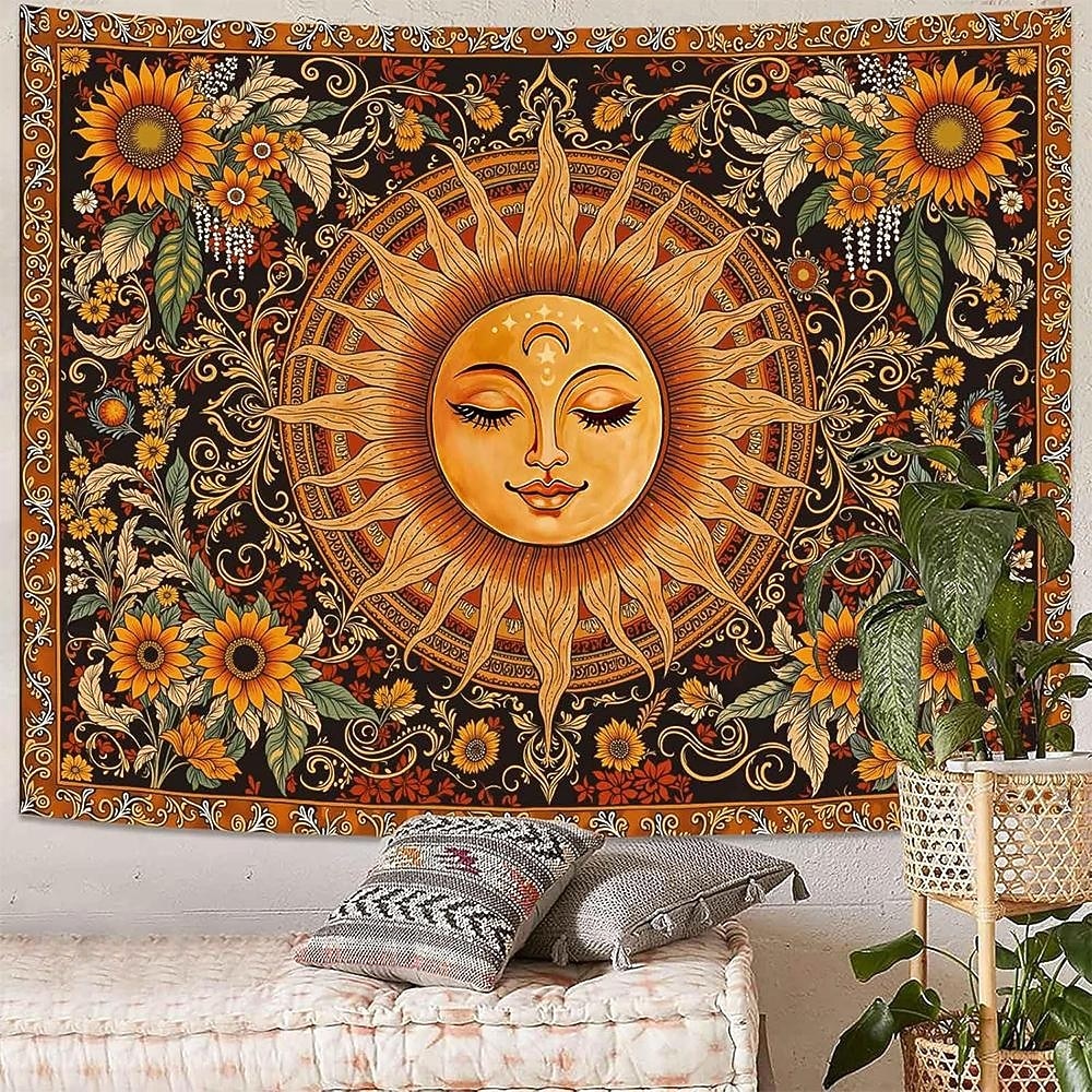 Tapiserie de perete cu soare, agățat, boho ceresc, fluture, stele, flori, cameră de yoga, decor de meditație, artă spirituală zen, poster din material textil pentru sufragerie 2026 - $20.99 –P4