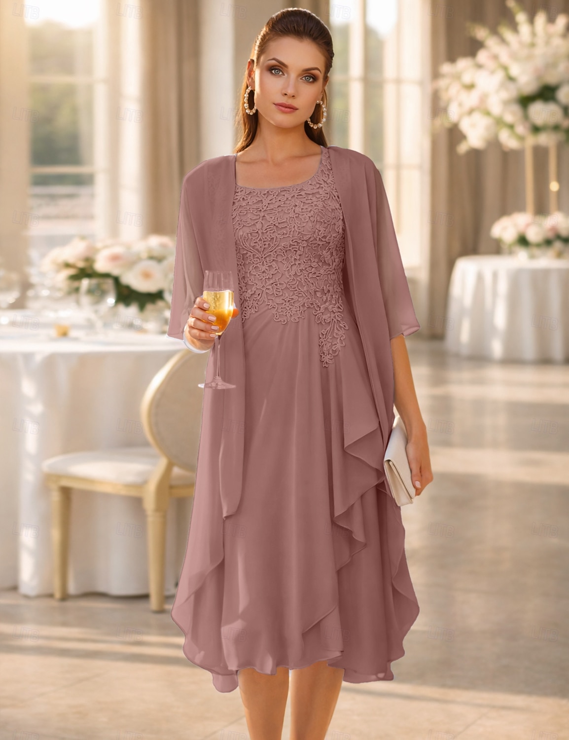 Из двух частей А-силуэт До колена Свадебное платье для гостей Платье для матери невесты Без рукавов Совок шеи Элегантный стиль Свадебный гость Свадебные прием Шифон Кружева Платья-жакеты с 2026 - $157.99 –P11