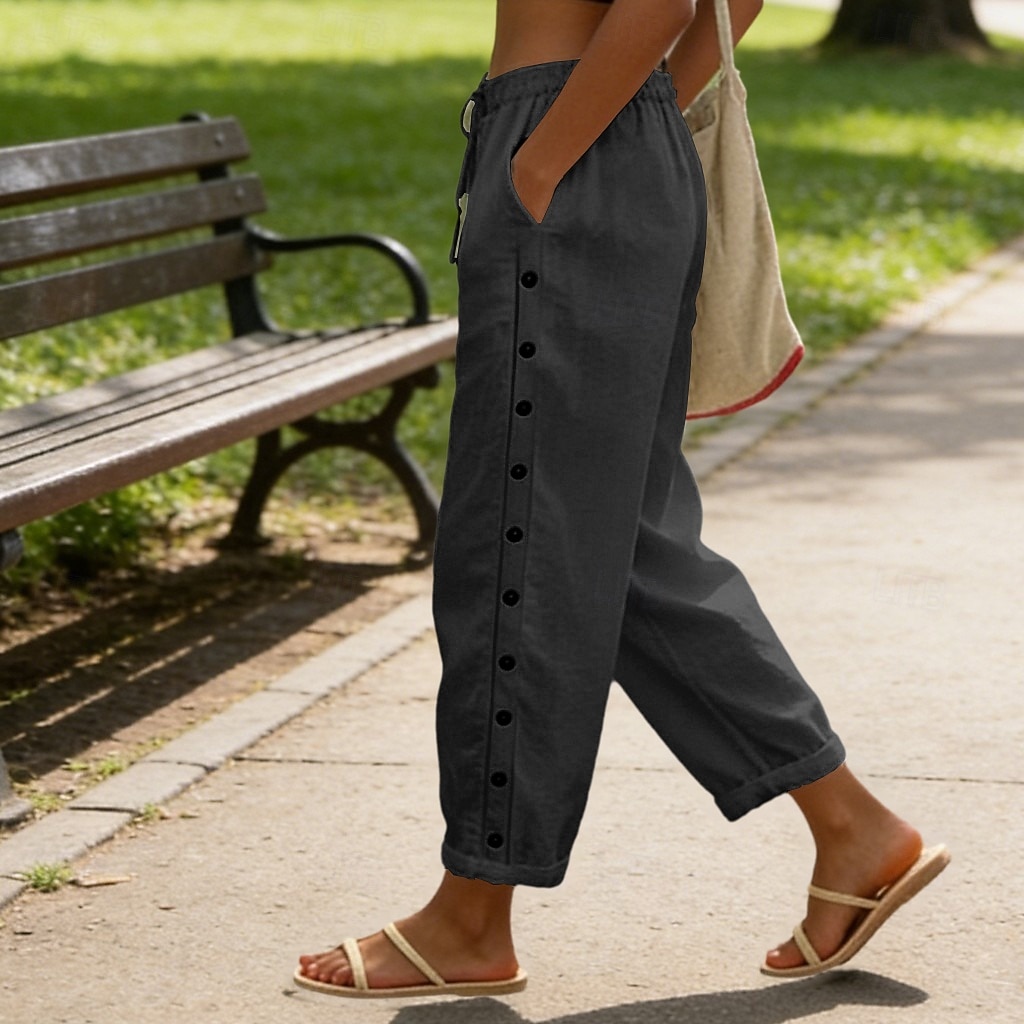 2026年 女性用 コットン ズボン サマーパンツ ビーチパンツ 旅行度假风 ファッション カジュアル 普段着 足首丈 ハイウエスト 平織り 弾性ウエスト サイドボタン ライトウェイト 快適 高通気性 伸縮性なし ストリートウェア ビーチ 祝日 ブルー ブラック ホワイト カーキ色 夏 春 秋 レギュラー  コレクション – $37.99 –P3