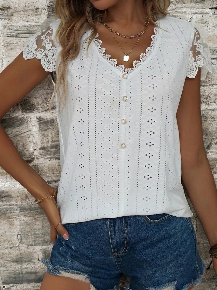 Women's Blouse Lace Eyelet Buttons Solid Color Stylish Basic Casual Short Sleeve V Neck Regular Tops Daily Blue Black White Light Green Pink Summer Spring 2026 - $21.99 –P2
