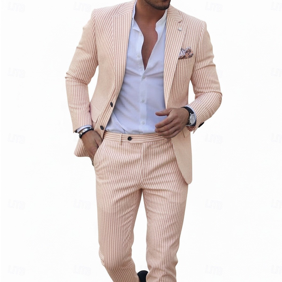 Мужские повседневные пляжные свадебные пиджаки с узором зебра розовые небесно-голубые модные легкие полосатые приталенные 2-х предметные с единственной пуговицей на два кнопки 2026 - $109.99 –P3