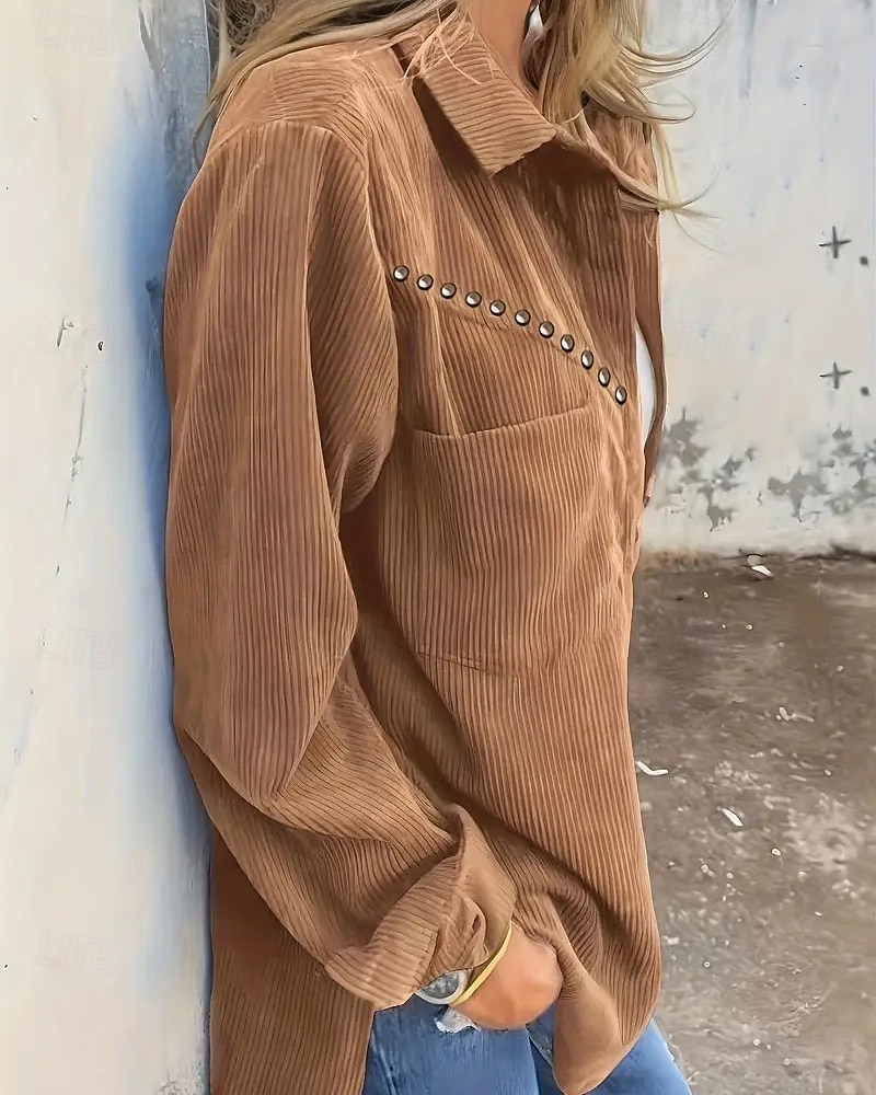 Per donna Camicia Camicia button-down Camicia casual Tasca Bottoni Semplice Vintage Elegante Classico Manica Lunga Colletto a Camicia Top Regolari Quotidiano Ferie Uscire Marrone Verde Estate del 2026 a $42.99 –P2