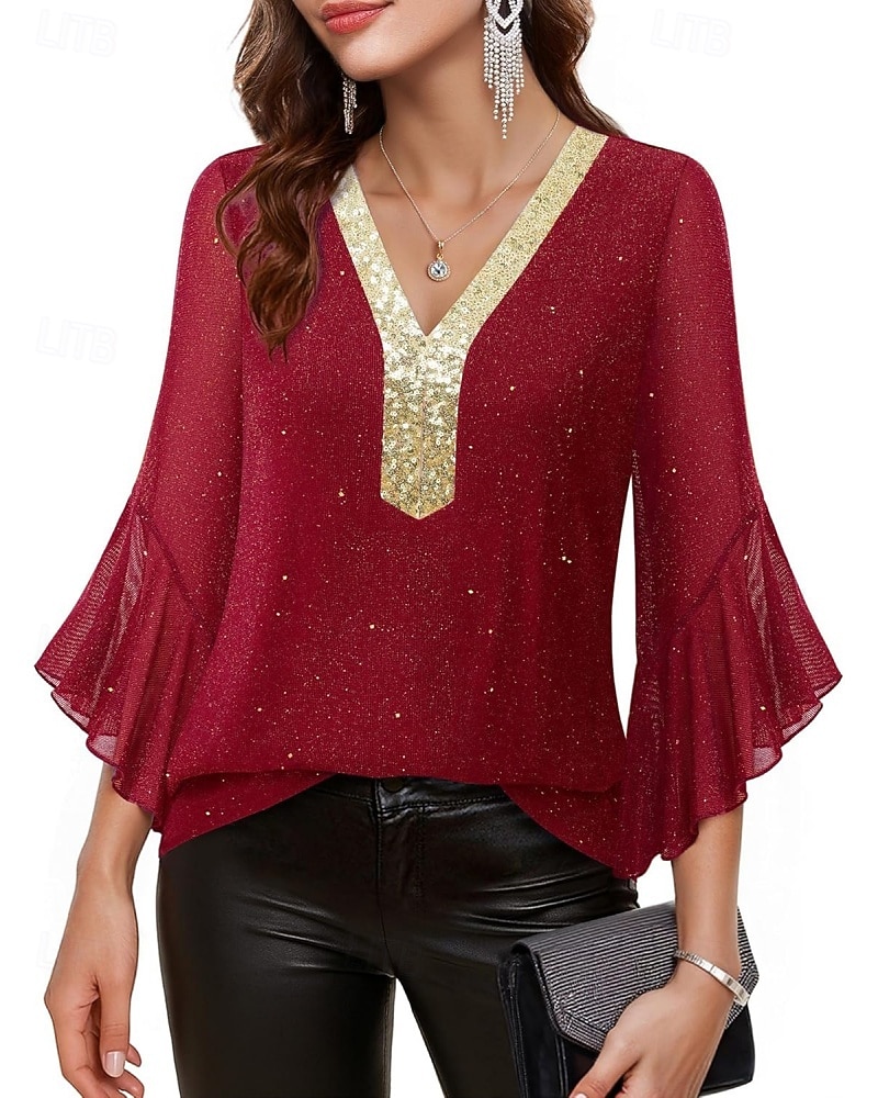 Mulheres Blusa Tops de lantejoulas Patchwork Bloco de cor à moda Moderno Manga 3/4 Sino Decote V Tops regulares Diário Feriado Para Noite Azul Preto Vermelho Verde Verão Primavera de 2026 por $31.99 –P2