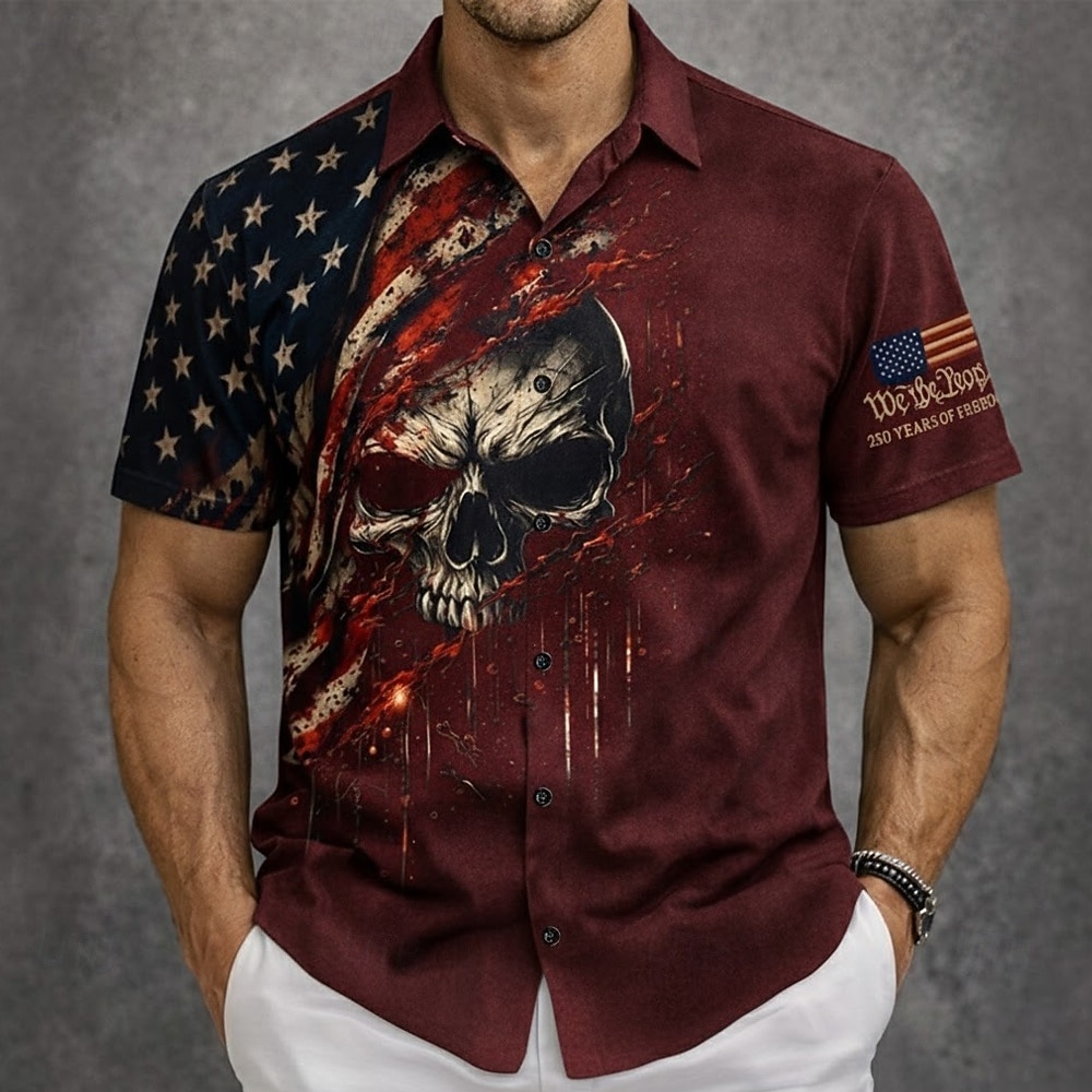Hombre Cráneos 4 de julio, 250 aniversario de Estados Unidos Bandera de EE. UU. Camisa Abotonar la camisa Manga Corta Patriótico Exterior Festivos Verano Primavera Cuello Vuelto Impresión 3D camisas 2026 - $25.99 –P3