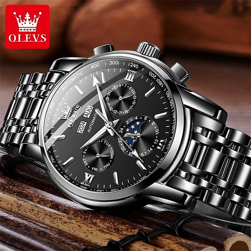 Montre homme Olevs neuve, élégante et fonctionnelle, avec affichage des phases de la lune, du calendrier, de l'heure sur 24 heures et du jour de la semaine. Montre mécanique automatique multifonctions de 2026 ? $121.99 –P14