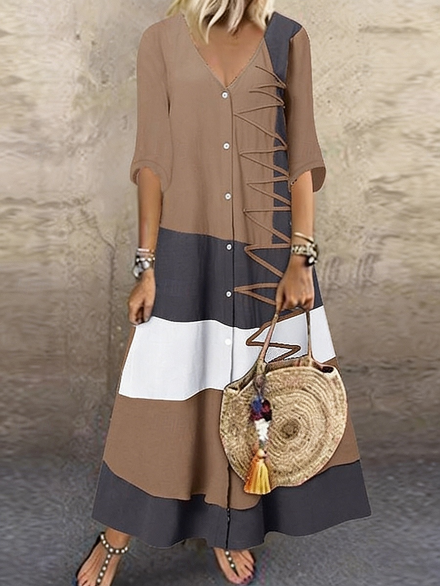 abito lungo da donna color block scollo a V mezze maniche estate del 2026 a $26.99 –P1