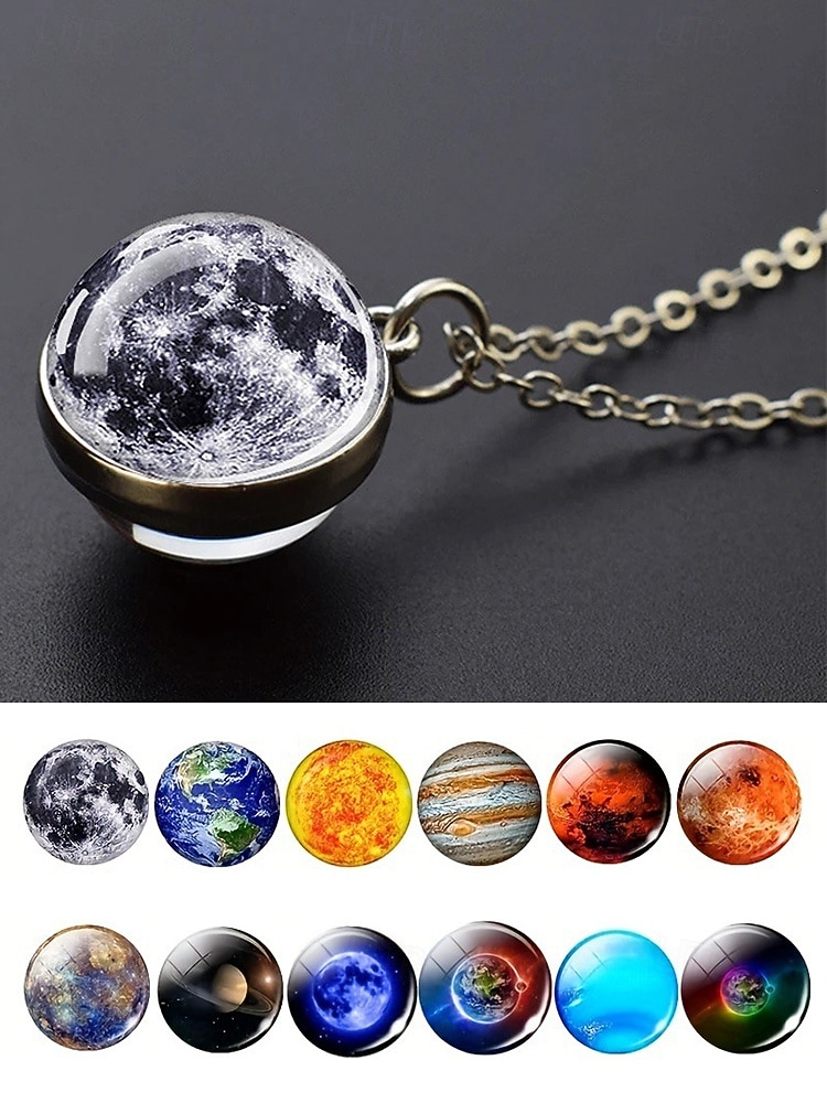 planetanhengskjede for menn, smykker i legering og glasskuppel, flere design med solsystemet, minimalistisk kosmisk stil for hverdagsbruk og gaveiding 2026 - $7.99 –P4