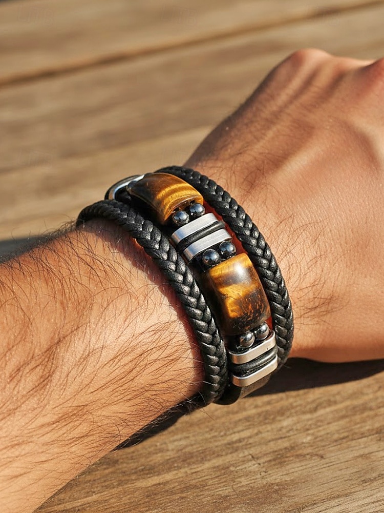 Bracciale da uomo in pietra naturale e finta pelle, cinturino da polso casual intrecciato in vari colori, gioielli alla moda da uomo per l'abbigliamento casual quotidiano e lo street style del 2026 a $11.99 –P2