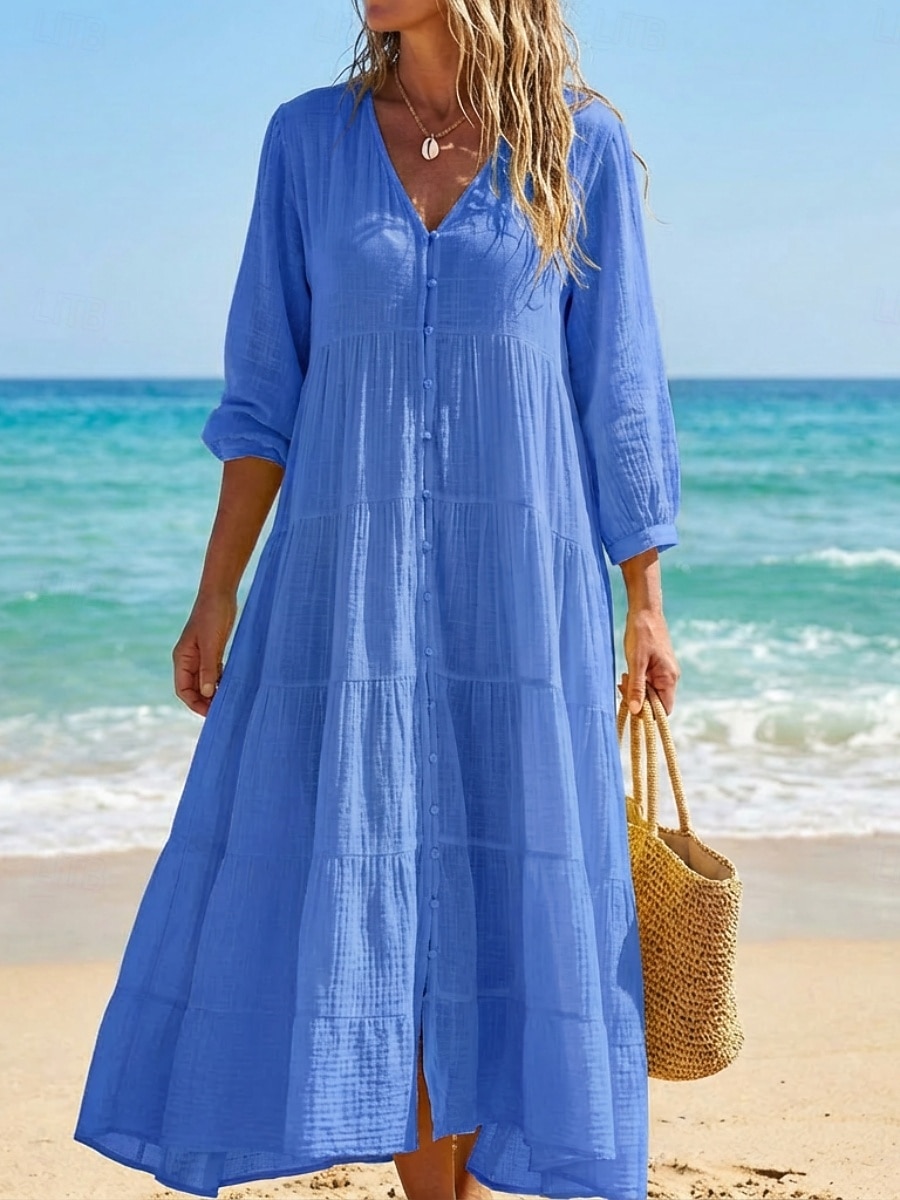 Women's Maxi Dress Linen-feel Dresses Kaftan Dress Fashion Modern Outdoor Vacation Holiday Loose Fit Plain Long Sleeve V Neck Blue White Yellow Summer Spring Fall 2026 - $34.99 –P2
