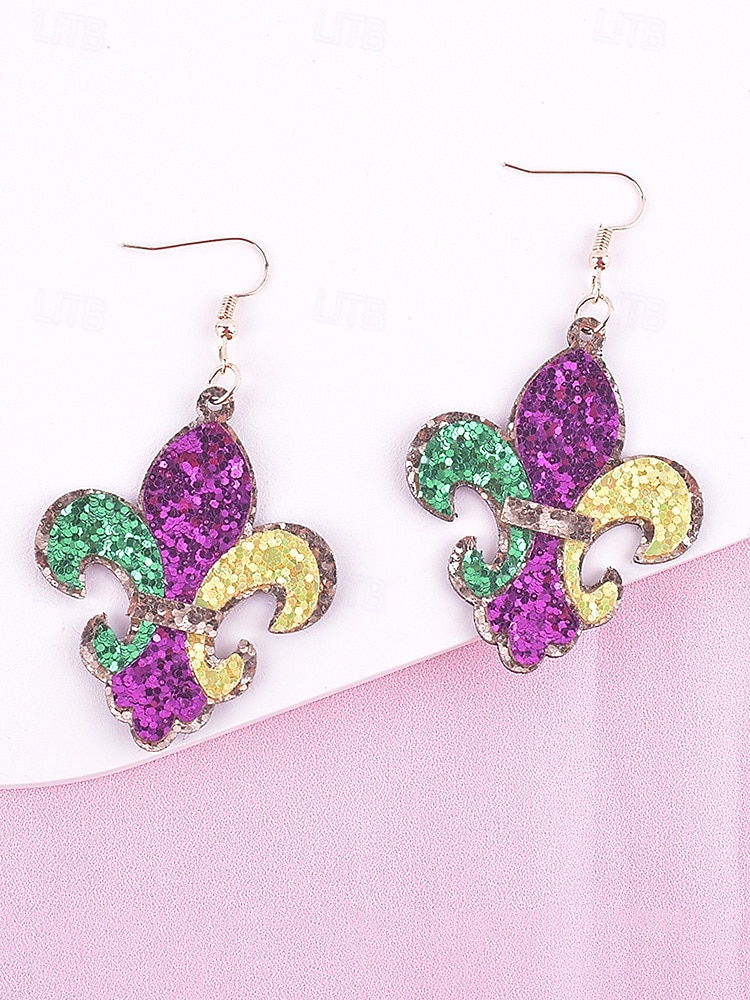 Brincos femininos de couro sintético com flor-de-lis em três cores, vibrantes em roxo, verde e amarelo, com design brilhante, perfeitos para a celebração do Mardi Gras. de 2026 por $9.99 –P2